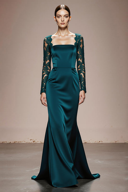 Peacock Blue Mermaid Satin Square Neck Lace Sleeves Long Formal Dress