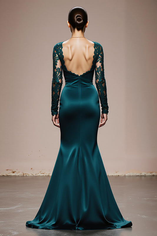 Peacock Blue Mermaid Satin Square Neck Lace Sleeves Long Formal Dress