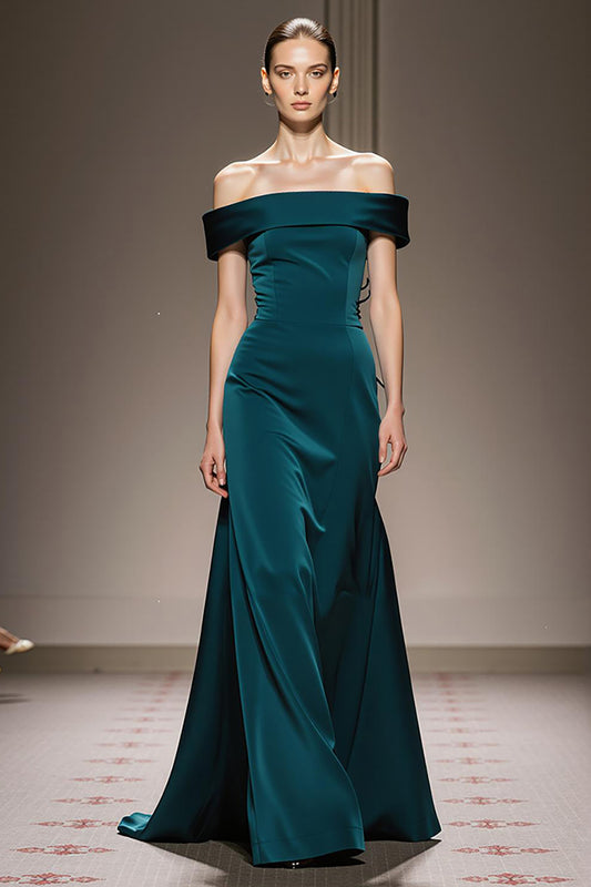 Peacock Blue Sheath Satin Off the Shoulder Long Formal Dress