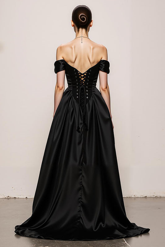 Black and White A Line Sweetheart Satin Off the Shoulder Long Formal Dress