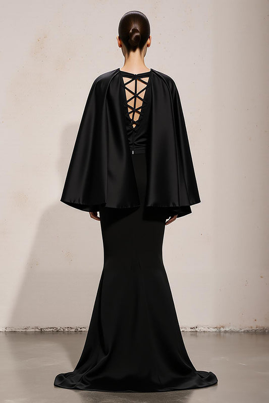 Black and White Mermaid Patchwork Satin V-Neck Long Formal Dress with Sleeves