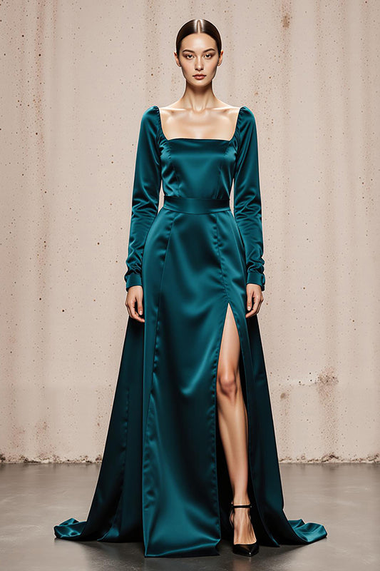 Peacock Blue Square Neck Sheath Satin Long Sleeves Formal Dress with Slit
