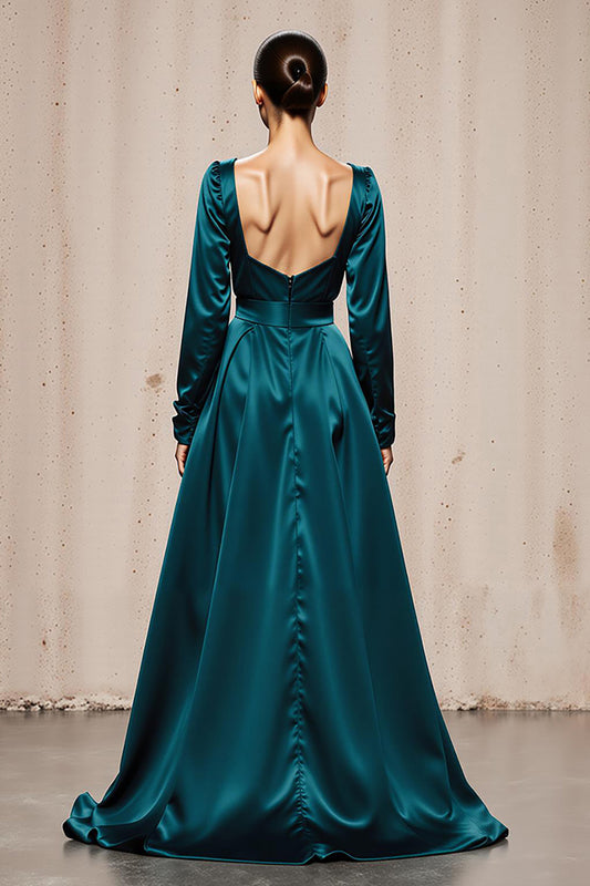 Peacock Blue Square Neck Sheath Satin Long Sleeves Formal Dress with Slit