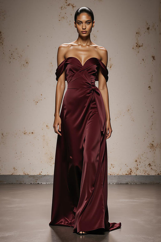 Burgundy Off the Shoulder Sheath Satin Sweetheart Long Formal Dress