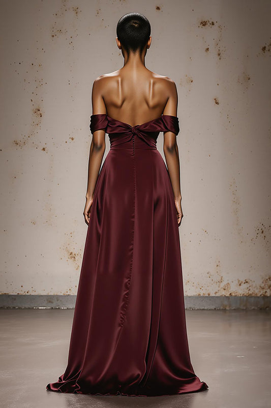 Burgundy Off the Shoulder Sheath Satin Sweetheart Long Formal Dress