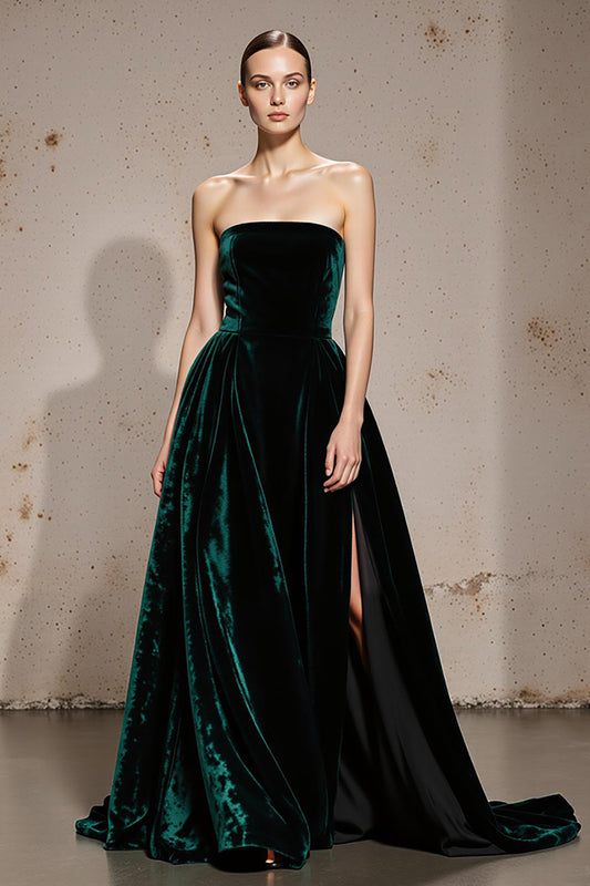 Dark Green Velvet A Line Strapless Long Holiday Party Dress with Slit