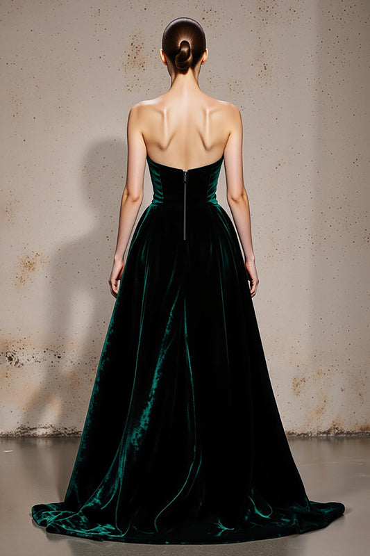 Dark Green Velvet A Line Strapless Long Holiday Party Dress with Slit
