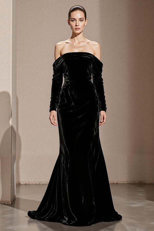 Black Velvet Mermaid Off the Shoulder Backless Long Sleeves Holiday Party Dress