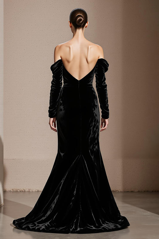 Black Velvet Mermaid Off the Shoulder Backless Long Sleeves Holiday Party Dress