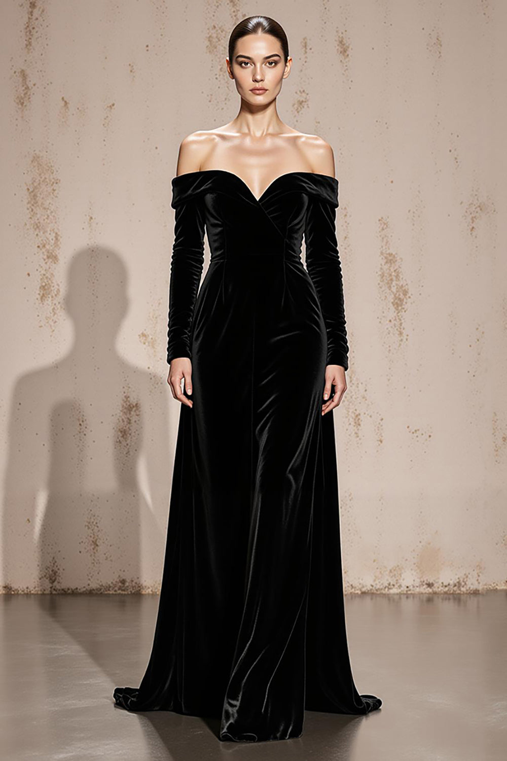 Zapaka Women Black Velvet Long Formal Dress with Sleeves Sheath Off the Shoulder Evening Dress, Black / US2
