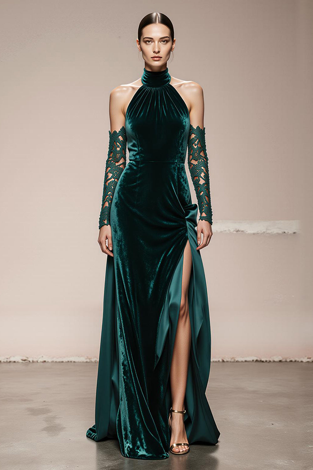 Zapakasa Women Dark Green Velvet Long Holiday Party Dress with Slit Halter Mermaid Lace Sleeves Backless Formal Dress Zapakasa Women Dark Green Velvet Long Holiday Party Dress with Slit Halter Mermaid Lace Sleeves Backless Formal Dress