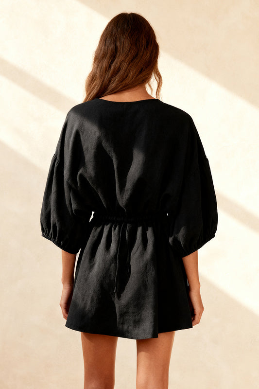 Black Round Neck Ruched Short Work Dress with Sleeves