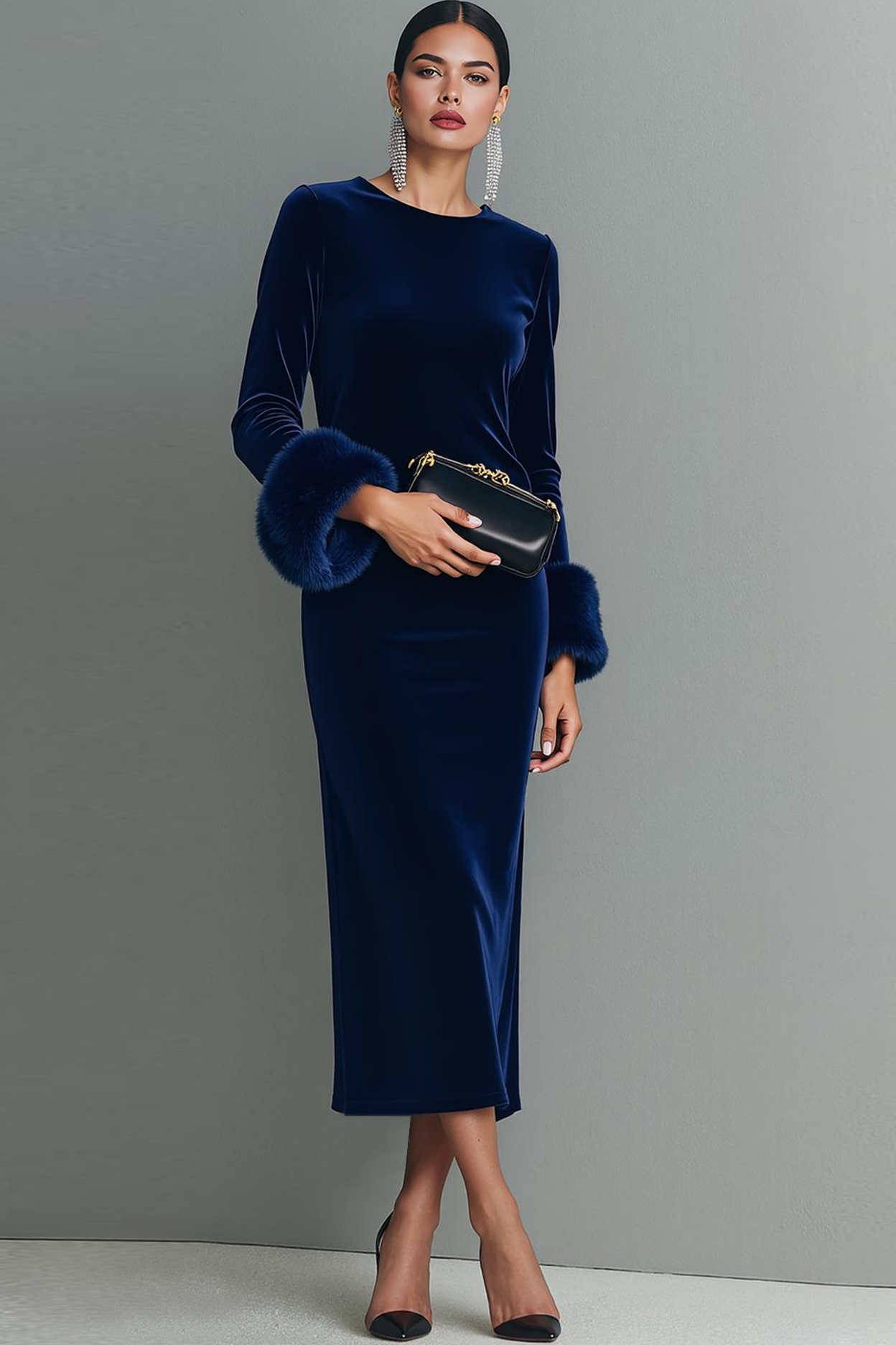 Zapaka Women Dark Blue Velvet Sheath Maxi Formal Dress with Sleeves Round Neck Holiday Party Dress with Feather, Dark Blue / US6