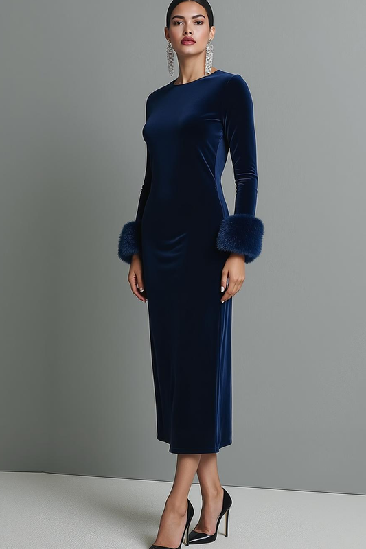 Dark Blue Velvet Sheath Round Neck Maxi Formal Dress with Sleeves