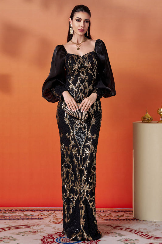 Sparkly Black Golden Sheath Puff Sleeves Long Mother of the Bride Dress with Sequins