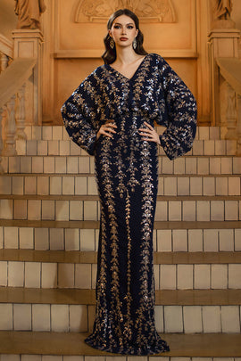 Sparkly Navy Sheath V-Neck Sequins Long Sleeves Mother of the Bride Dress