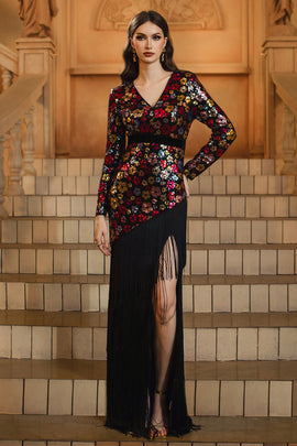 Sparkly Floral Black Sheath V-Neck Long Sleeves Mother of the Bride Dress with Fringes