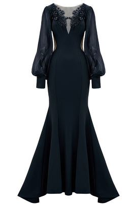 Black Mermaid Illusion Boat Neck Long Sleeves Mother of the Bride Dress with Appliques