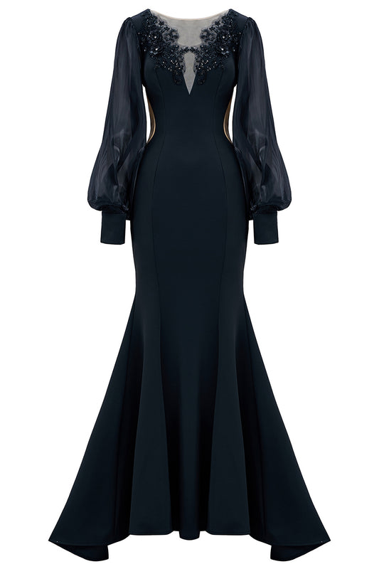 Black Mermaid Illusion Boat Neck Long Sleeves Mother of the Bride Dress with Appliques