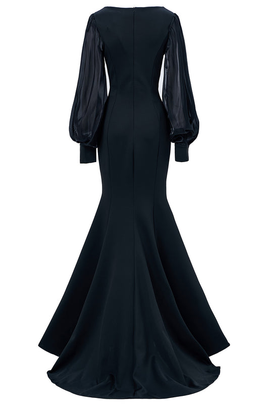 Black Mermaid Illusion Boat Neck Long Sleeves Mother of the Bride Dress with Appliques