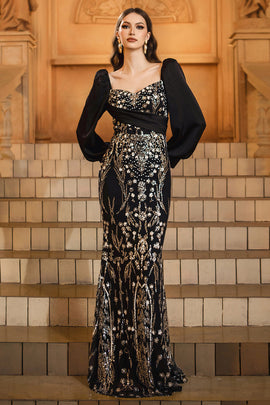 Sparkly Black Golden Mermaid Sequins Long Sleeves Mother of the Bride Dress with Beading
