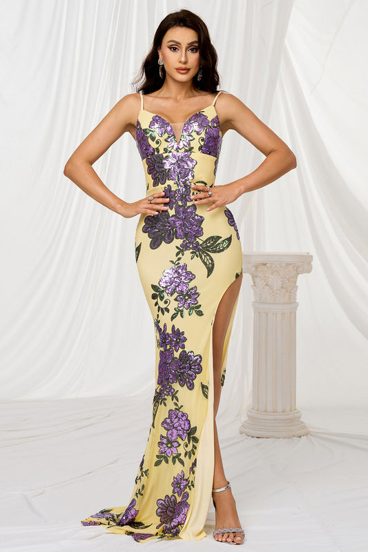 Sparkly Yellow Floral Mermaid Long Prom Dress with Slit