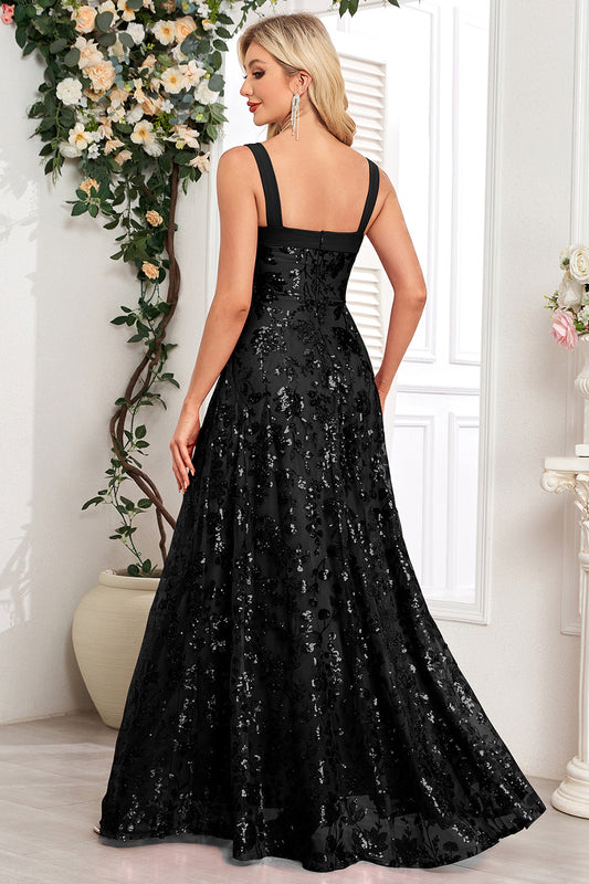 Sparkly Black A Line Sequin Long Prom Dress with Slit
