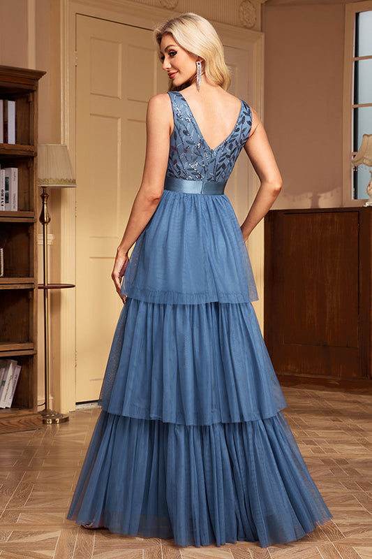 Grey Blue A Line V-Neck Tiered Long Prom Dress