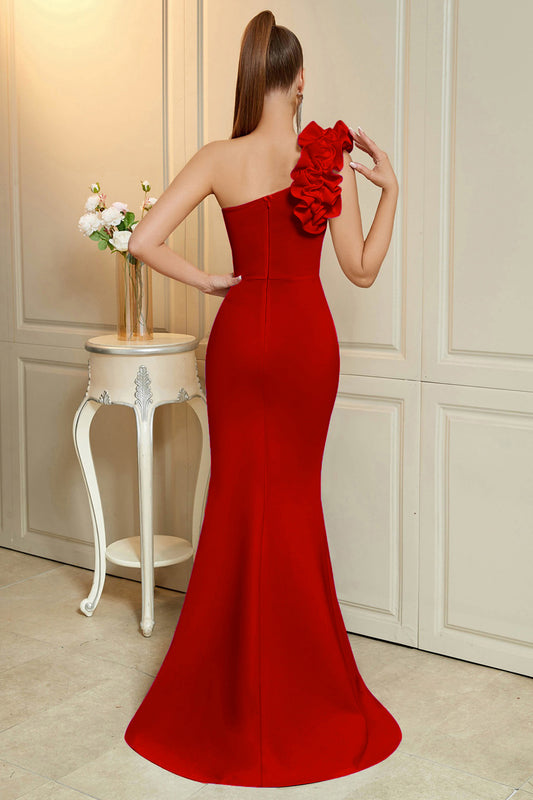 Simple Red Mermaid Ruffled One Shoulder Long Prom Dress with Slit