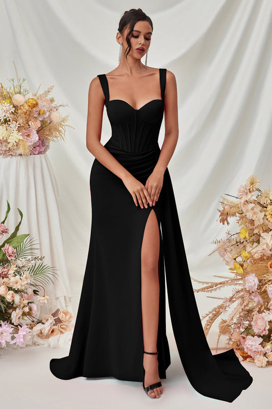Simple Black Mermaid Long Prom Dress with Side Cape