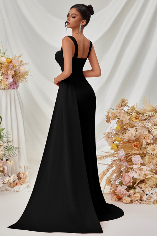 Simple Black Mermaid Long Prom Dress with Side Cape