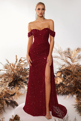 Sparkly Burgundy Corset Sequin Off the Shoulder Long Prom Dress with Slit