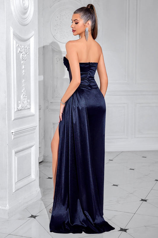 Navy Corset Strapless Mermaid Long Prom Dress with Slit