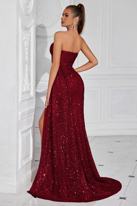 Sparkly Burgundy Sequin Sweetheart Long Prom Dress with Side Cape
