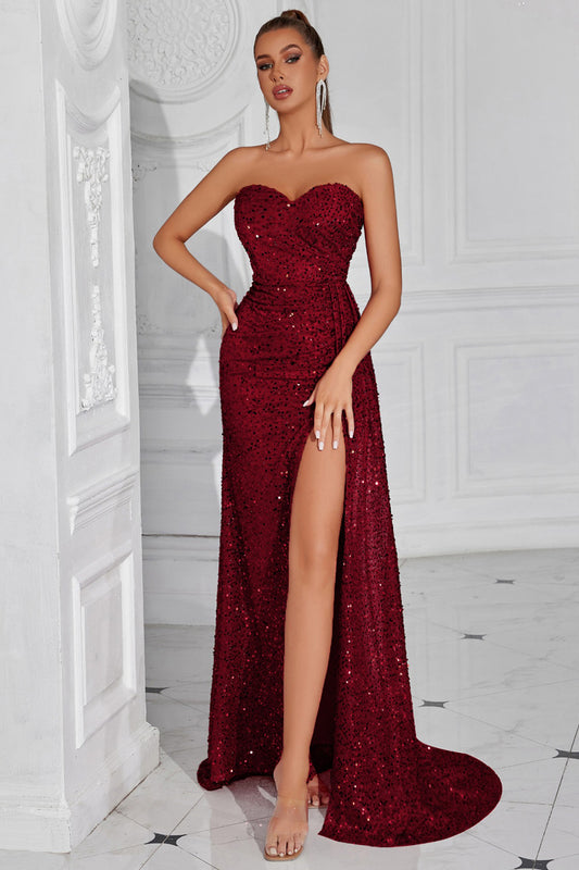 Sparkly Burgundy Sequin Sweetheart Long Prom Dress with Side Cape