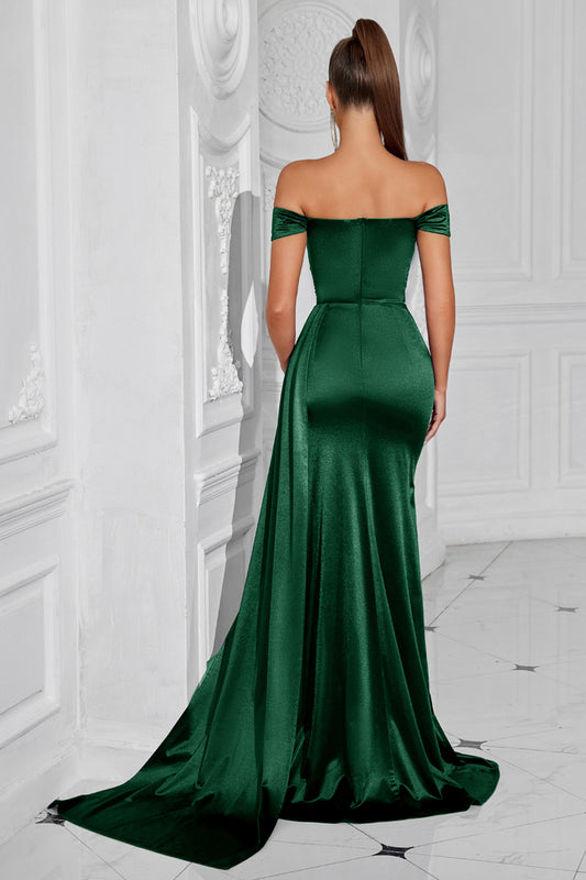 Dark Green Mermaid Off The Shoulder Ruched Long Prom Dress with Slit