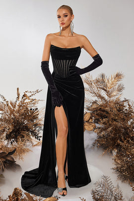 Black Velvet Sheath Strapless Ruched Long Corset Prom Dress with Slit