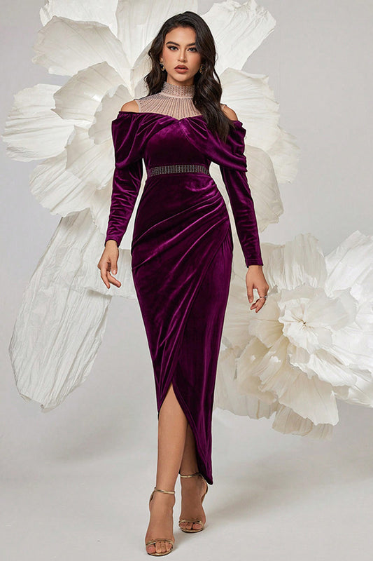 Dark Purple Velvet Bodycon High Neck Ruched Long Sleeves Prom Dress