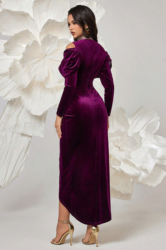 Dark Purple Velvet Bodycon High Neck Ruched Long Sleeves Prom Dress