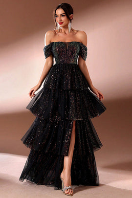 Sparkly Black A Line Tiered Off The Shoulder Long Prom Dress with Slit