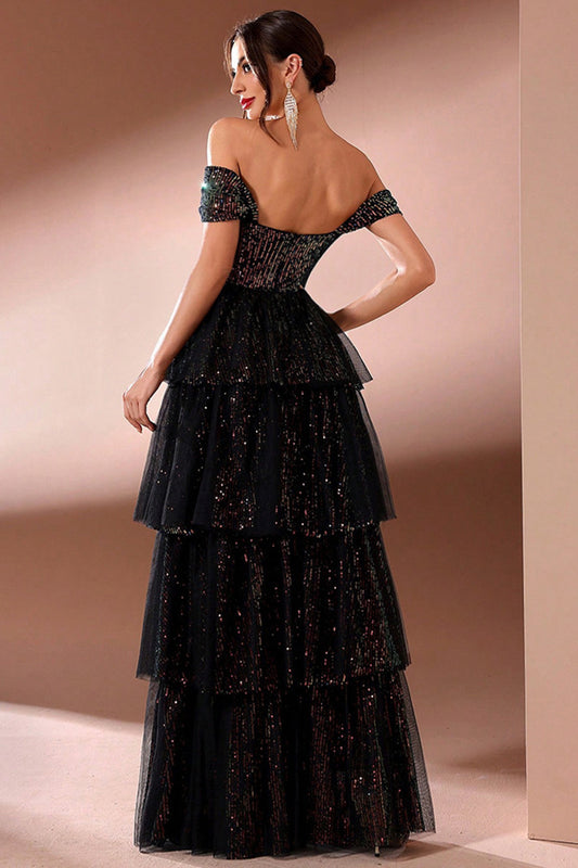 Sparkly Black A Line Tiered Off The Shoulder Long Prom Dress with Slit