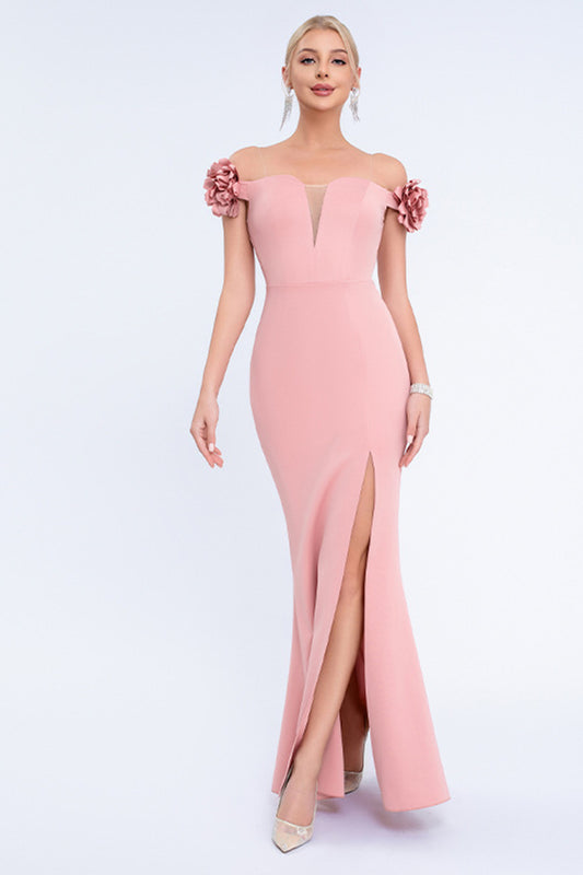 Blush Mermaid Off The Shoulder Long Prom Dress with 3D Flowers