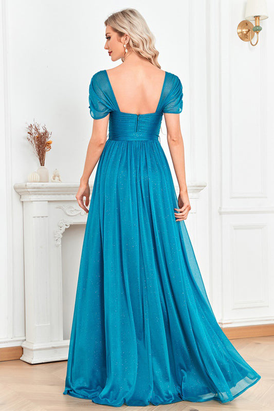Blue A Line Sweetheart Ruched Sash Long Prom Dress with Slit
