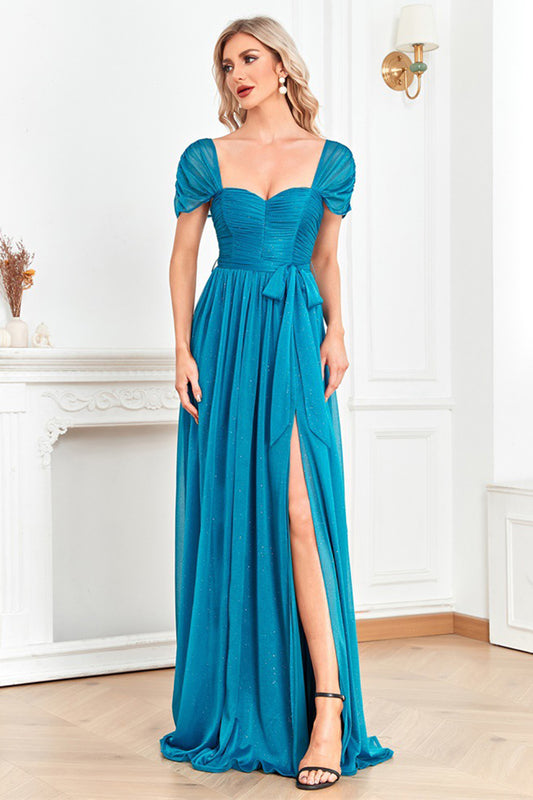 Blue A Line Sweetheart Ruched Sash Long Prom Dress with Slit
