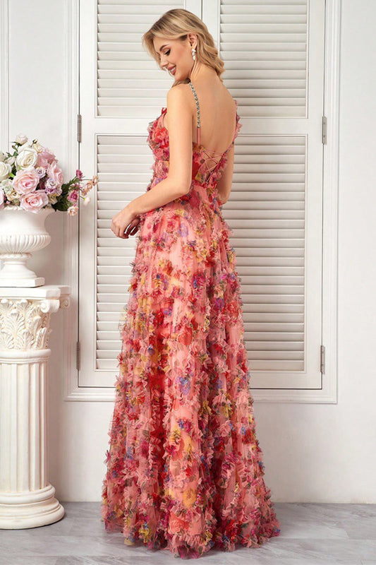 Floral Blush A Line Spaghetti Straps Long Prom Dress with Ruffles