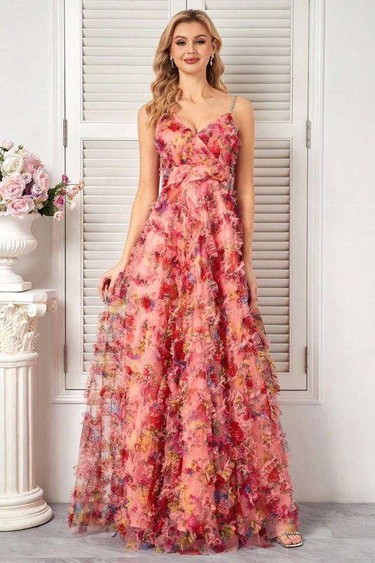 Floral Blush A Line Spaghetti Straps Long Prom Dress with Ruffles