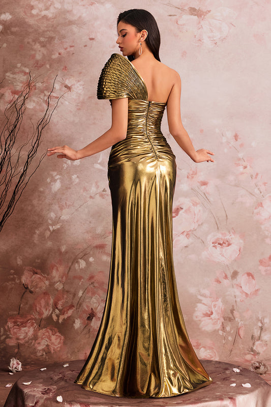 Golden Metallic Mermaid One Shoulder Ruched Long Prom Dress with Slit