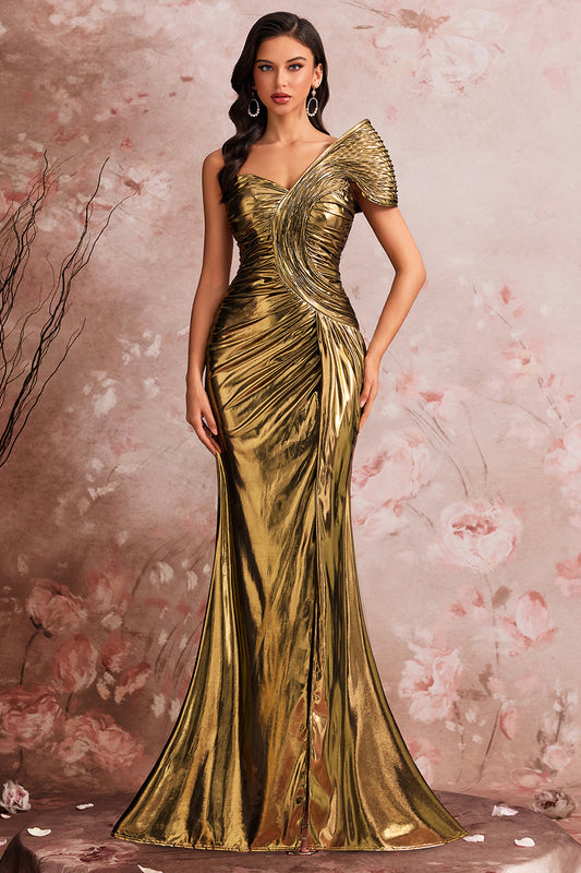 Golden Metallic Mermaid One Shoulder Ruched Long Prom Dress with Slit