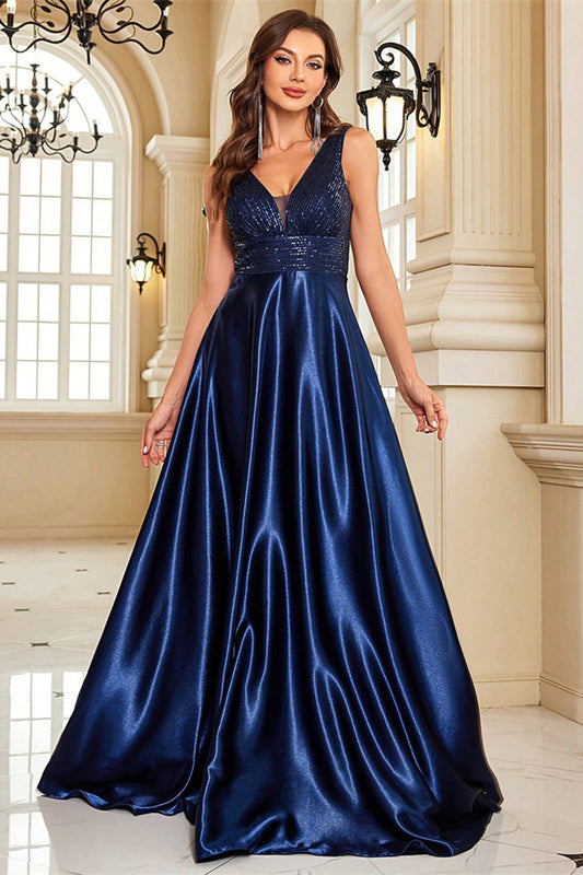 Sparkly Navy A Line Satin V-Neck Long Prom Dress with Beading