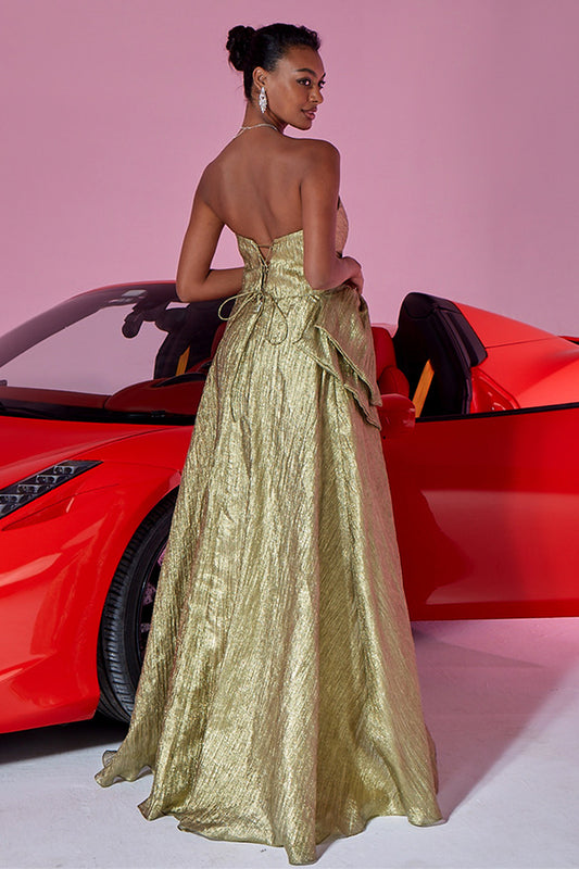 Gold Metallic Sweetheart A Line Long Prom Dress with Bow